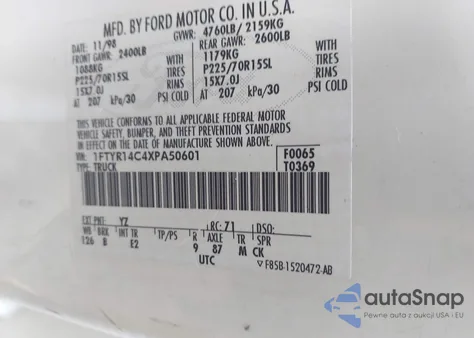 1999 Ford Ranger Xl/Xlt from USA, damaged, VIN 1FTYR14C4XPA50601